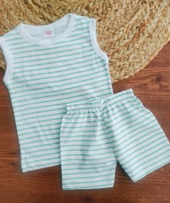 Vest and Shorts - Green and White Strip - VS1