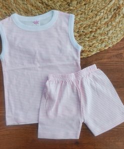 Vest and Shorts - Pink and White Strip - VS1