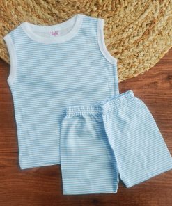 Vest and Shorts - Blue and White Strip - VS1