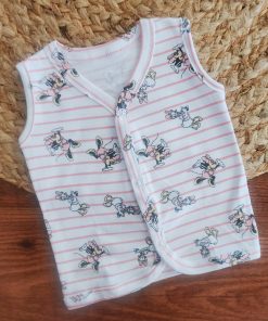 Sleeveless Jhabla Front Button - Pink Strip with Mickey Mouse - FSJ1