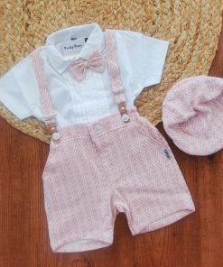 Half Sleeve Shirt and Shorts with Suspender - Pink and White - SS1