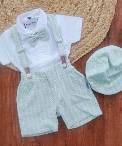 Half Sleeve Shirt and Shorts with Suspender - Green and White - SS1
