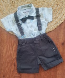 Half Sleeve Shirt and Shorts with Suspender - Grey and White - SS1