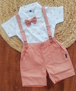 Half Sleeve Shirt and Shorts with Suspender - Rust and White - SS1