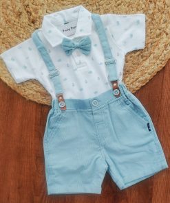 Half Sleeve Shirt and Shorts with Suspender - Blue and White - SS1