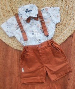 Half Sleeve Shirt and Shorts with Suspender - Brown and White with Animal Print - SS1