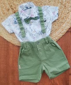 Half Sleeve Shirt and Shorts with Suspender - Green and White with Animal Print - SS1