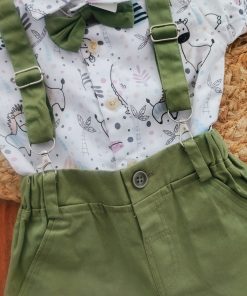 Alternative view of Half Sleeve Shirt and Shorts with Suspender - Green and White with Animal Print - SS1