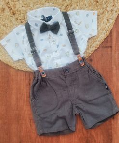 Half Sleeve Shirt and Shorts with Suspender - Charcol and White with Giraffe Head - SS1