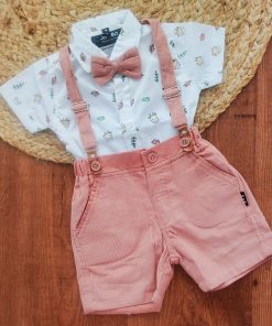 Half Sleeve Shirt and Shorts with Suspender - Rust and White with Giraffe Head - SS1