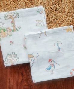 Muslin Cotton Swaddle 110x110cm - Pack of 2 - Fish and Duck + Forest Animal - SW1