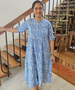Maternity Casual Feeding Dress - Blue and White Traditional Print - MCFK