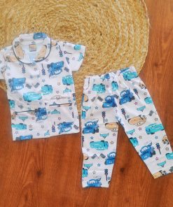 Girls Half Sleeve Pajama Set - Pink with Orange,Blue and Green Cars - PJ2