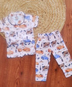 Girls Half Sleeve Pajama Set - Pink with Orange,Blue and Brown Cars - PJ2