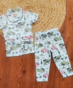 Girls Half Sleeve Pajama Set - Lite Blue with Pink and Dark Green Cars - PJ2