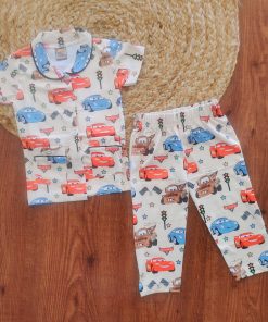 Girls Half Sleeve Pajama Set - Cream with  Cars - PJ2