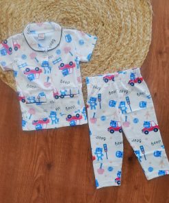 Girls Half Sleeve Pajama Set - Dark Cream with Blue Tiger  and Car - PJ2