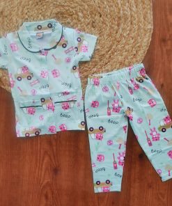 Girls Half Sleeve Pajama Set - Green with Pink Tiger - PJ2