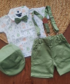 Half Sleeve T-Shirt and Shorts with Suspender - Green and White  with Teddy Print - SS1