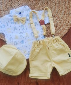Half Sleeve T-Shirt and Shorts with Suspender - Yellow and White  with Teddy Print - SS1
