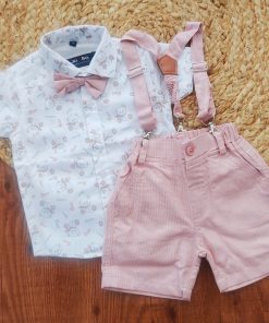 Half Sleeve Shirt and Shorts with Suspender - Pink and White  with Happy Teddy - SS1