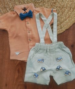 Half Sleeve Shirt and Shorts with Suspender - Orange and Beige - SS1
