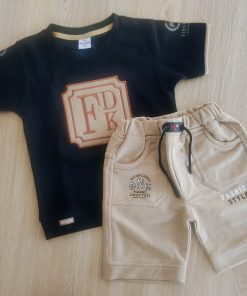 T-shirt and Shorts Set - BTS - Black T-shirt and Dark Cream Shorts