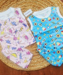 Sleeveless Jhabla and Shorts - Buy1 Get 1 - Blue Honeybee and Pink Dino - B1G1