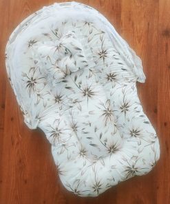 Foldable Cotton Bedding Set - 100x54cm - White with Beige Flowers- BS1