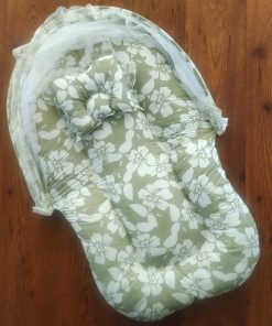 Foldable Cotton Bedding Set - 100x54cm - Olive Green with Big White Floral - BS1