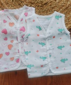 Organic Muslin Cotton Jhabla - Pack of 2 - Green Sparrow and Color Hearts - JH1