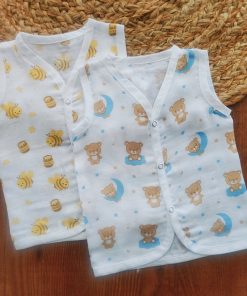 Organic Muslin Cotton Jhabla - Pack of 2 - Honeybee with Teddy - JH1