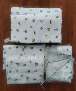 Cotton Cradle with Net, Bed, Pillow and Hanger – Pack of 5 - White with Brown Rainbow,Cloud and Blue Parachute- BC1