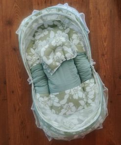 Foldable Cotton Mosquito Net Bedding Set - 95x55cm - Basil Green with White Floral - BS1