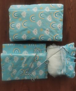 Cotton Cradle with Net, Bed, Pillow and Hanger – Pack of 5 - Blue with Rainbow,Cloud and Yellow Star - BC1