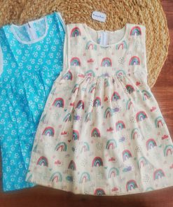 Muslin Cotton Frock - Buy 1 Get 1 - Blue with White Floral + Beige Rainbow - B1G1