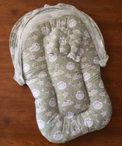 Foldable Cotton Bedding Set - 100x54cm - Green with White Stars and Clouds  - BS1
