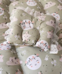 Foldable Cotton Bedding Set - 100x54cm - Green with White Stars and Clouds  - BS1 - Image 3