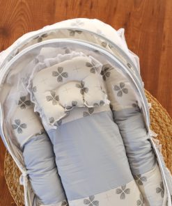 Foldable Cotton Mosquito Net Bedding Set - 95x55cm - Light Gray with Black Flower - BS1 - Image 2