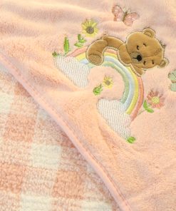 Micro Fiber Hooded Blanket - 85x85cm - Pink Check with Rainbow and Teddy - HBL - Image 2