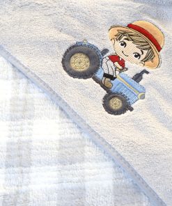 Alternative view of Micro Fiber Hooded Blanket - 85x85cm - Ash Check with Boy on Tractor - HBL