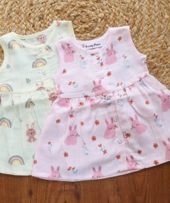 Muslin Front Button Frock - Pack of 2 - Cream with Rainbow and Rabbit + Pink Rabbit  - DFK