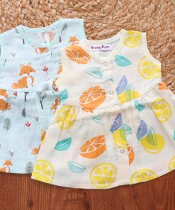 Muslin Front Button Frock - Pack of 2 - Yellow Lemon + Green Fox - DFK