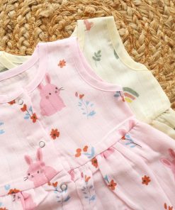 Muslin Front Button Frock - Pack of 2 - Cream with Rainbow and Rabbit + Pink Rabbit  - DFK - Image 2