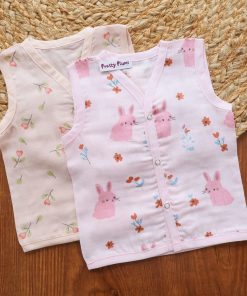 Muslin Cotton Color Jhabla - Pack of 2 - Pink with Rabbit + Peach with Flower - JH1