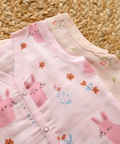 Muslin Cotton Color Jhabla - Pack of 2 - Pink with Rabbit + Peach with Flower - JH1 - Image 2