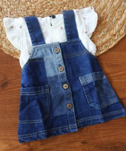 Girls Casual Two Piece Frock - White with Blue Denim - FRK