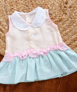 Cotton Back Button Frock - Peach and Green - DFK