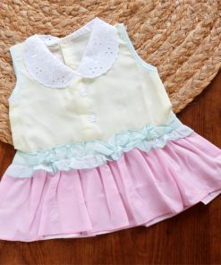 Cotton Back Button Frock - Yellow and Pink - DFK