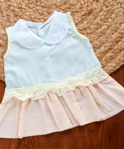 Cotton Back Button Frock - Green and Peach - DFK